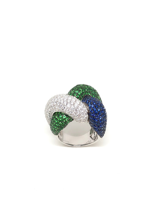 White Gold with White Diamond & Green Garnet & Blue Sapphire Cocktail Ring from Link Collection