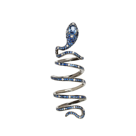 White Gold White Diamond Blue Sapphire Full- Finger Ring from Snake Collection