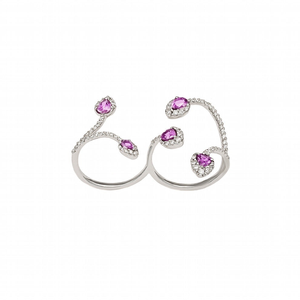 White Gold White Diamond Pink Sapphire Two Fingers Ring From Aurore Collection