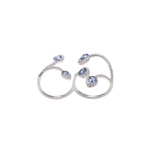 Double-Finger White Diamond and Light Blue Sapphire Ring