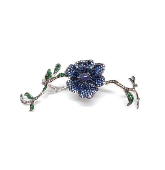 White Gold with Blue Sapphire and Green Garnet Two-fingers Ring from Flowers Collection