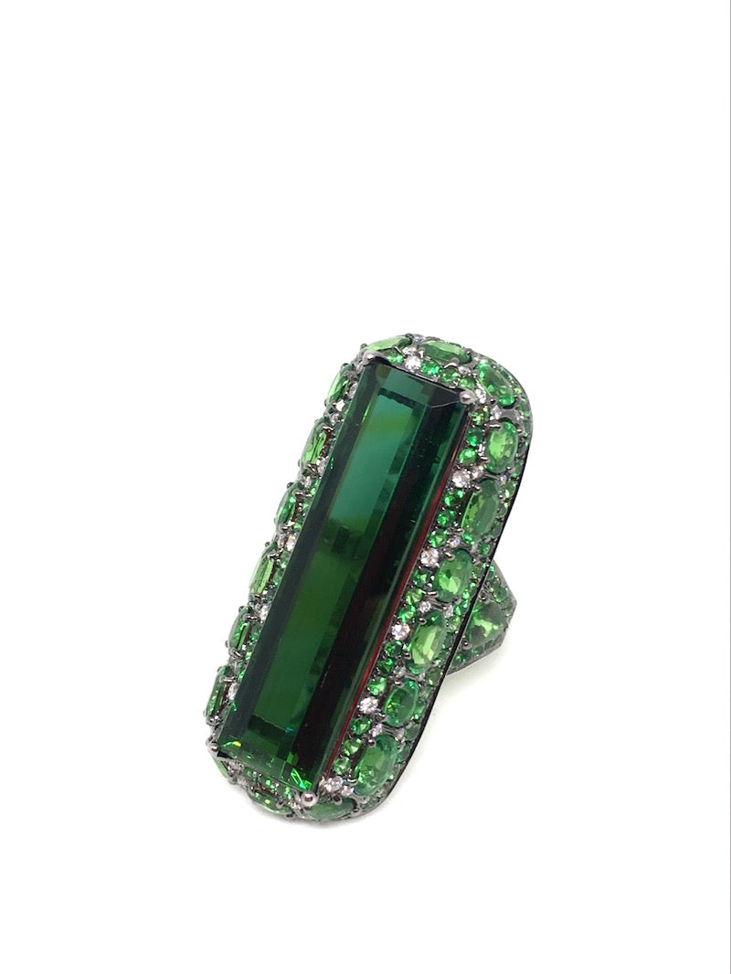 White Gold with White Diamond & Gree Turmaline & Green Garnet Ring from Terri Collection