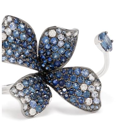 White Gold Blue Sapphire and White Diamond Two-Finger Ring from Flower Collection