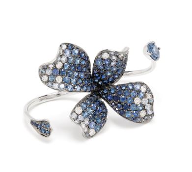 White Gold Blue Sapphire and White Diamond Two-Finger Ring from Flower Collection