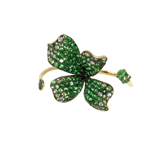 Yellow Gold Diamond Green Garnet Ring From Flower Collection