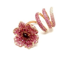 18K Rose Gold with White Diamond & Ruby Pink Sapphire Wrap Flower Ring Single or Multi-Finger from Flower collection