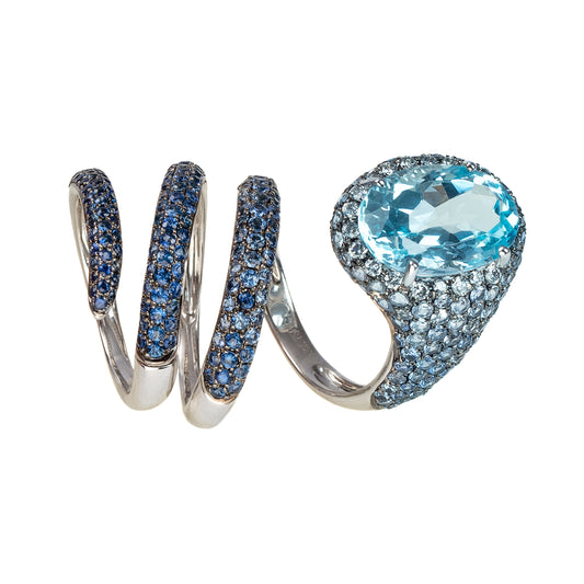 Blue Sapphire and Blue Topaz Coiled Ring with White Diamond Halo from Convertible Collection