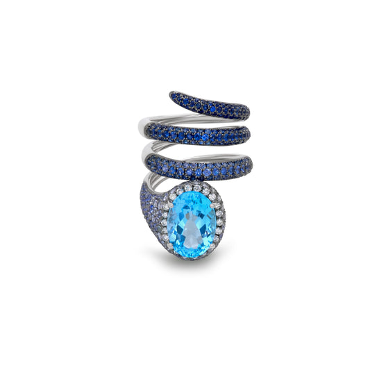 White Gold Blue Sapphire & Topaz Coiled Finger Ring From Convertibles Collection