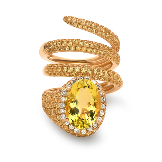 Yellow Gold Lemon Quartz Coiled Ring with White Diamond Halo from Convertible Collection