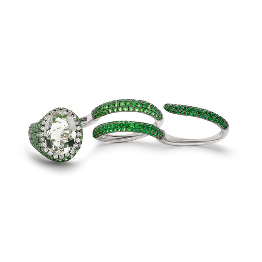 Green Amethyst Coiled Ring with White Diamond Halo from Convertible Collection