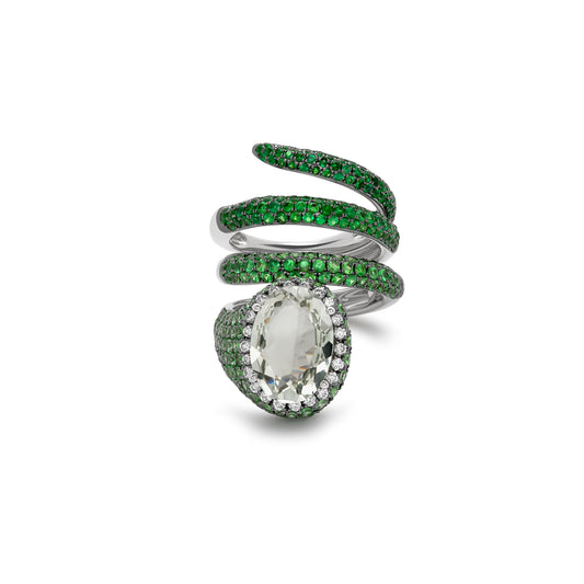 White Gold Green Garnet & Amethyst & White Diamond Coiled Finger Ring From Convertibles Collection