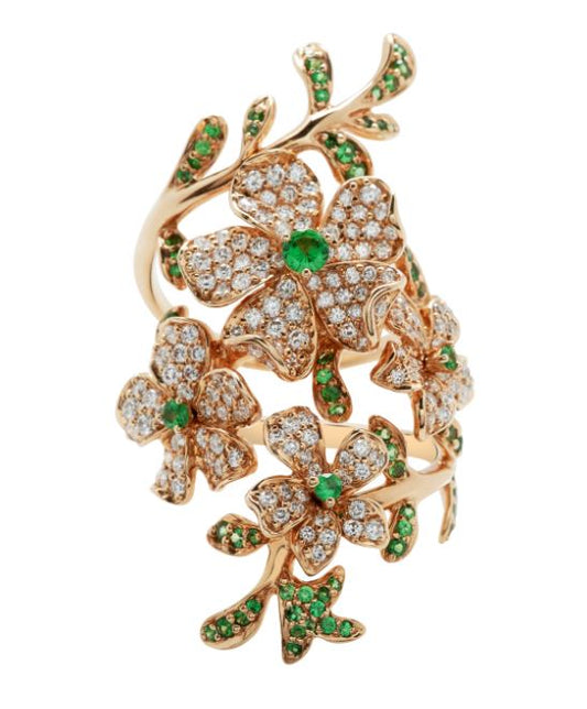Rose Gold White Diamond and Green Garnet Ring from Flower Collection