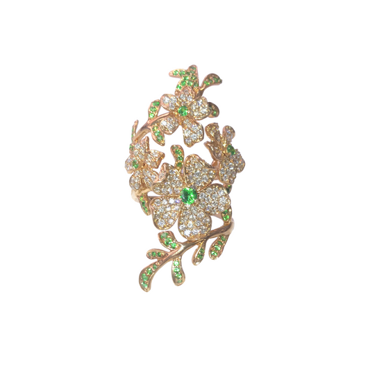 Rose Gold White Diamonds Green Garnet Ring From Flower Collection