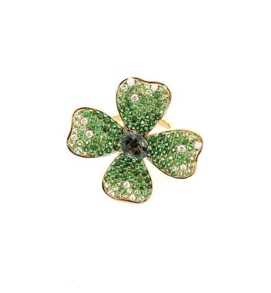 Yellow Gold with Green Garnet and White Diamond Ring from Flowers Collection