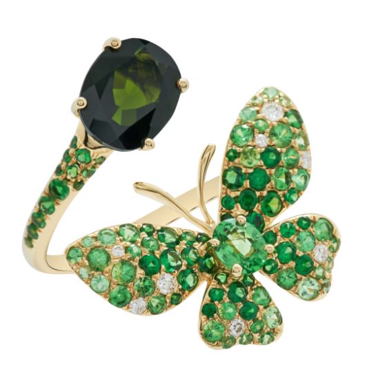 Yellow Gold White Diamonds Green Garnet Green Tourmaline Ring From Butterfly Collection