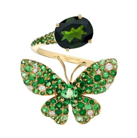 Green Garnet, Diamonds and Green Tourmaline Butterfly Ring