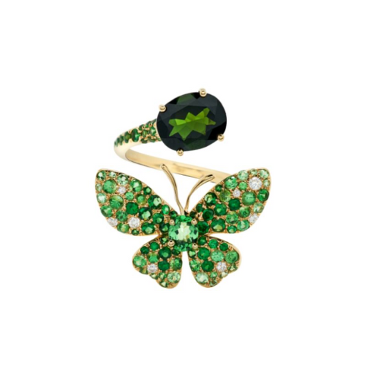 Yellow Gold White Diamonds Green Garnet Green Tourmaline Ring From Butterfly Collection