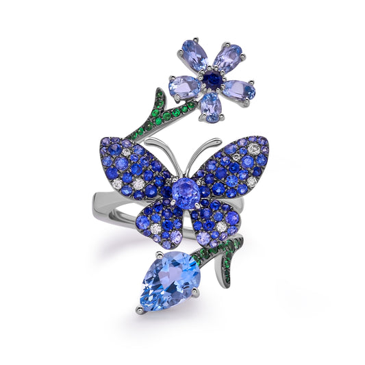 White Gold Blue Sapphire, Green Garnet and Aquamarine Ring from Butterfly Collection