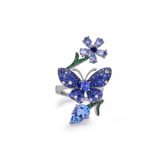 White Gold Blue Sapphire Green Garnet Aquamarine Ring From Butterfly Collection