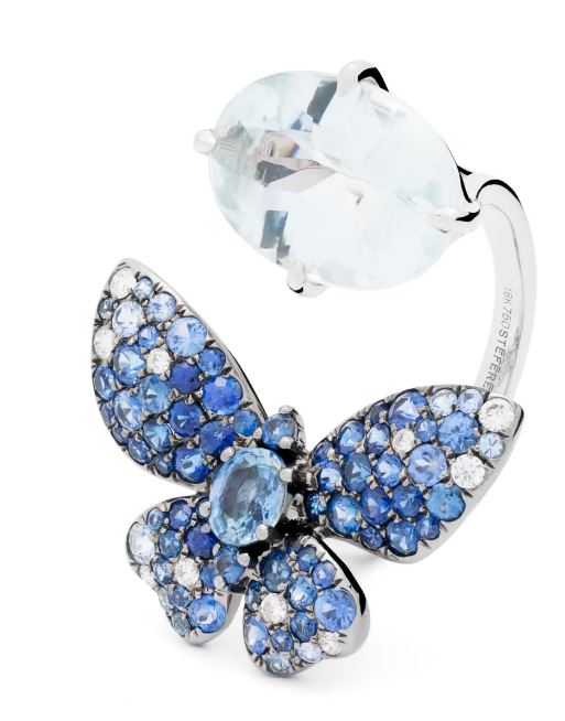 Blue Sapphires, Diamonds and Aquamarine Butterfly Ring