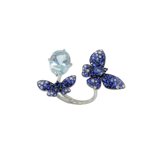 White Gold White Diamonds Blue Sapphires Aquamarine Ring From Butterfly Collection