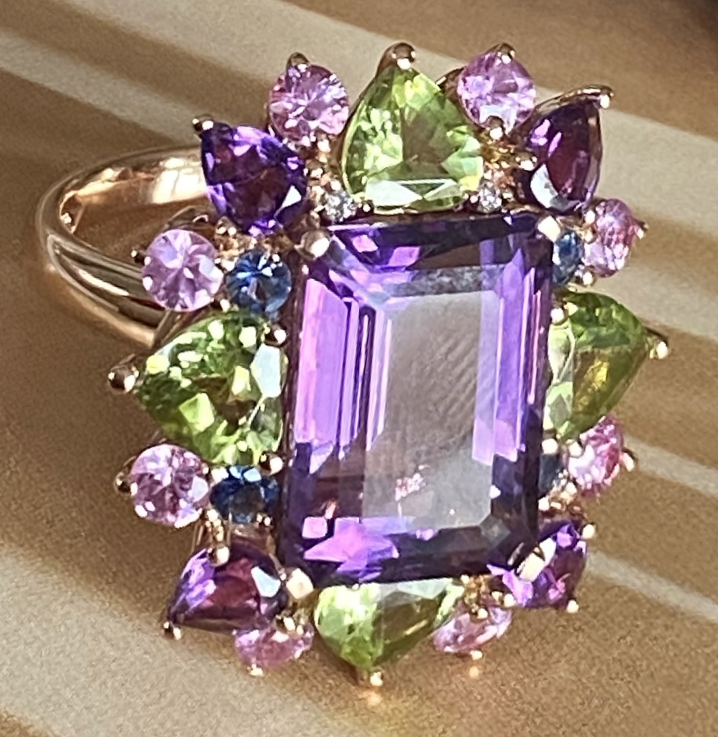 Rose Gold with White Diamond & Pink Sapphire & blue Sapphire & Peridot & Amethyst Ring from Flowers collection