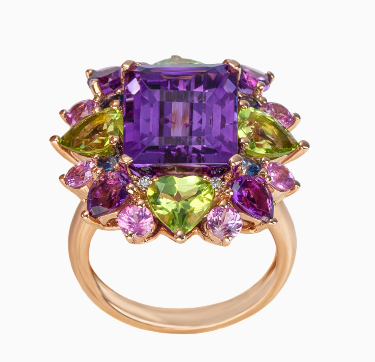 Rose Gold with White Diamond & Pink Sapphire & blue Sapphire & Peridot & Amethyst Ring from Flowers collection