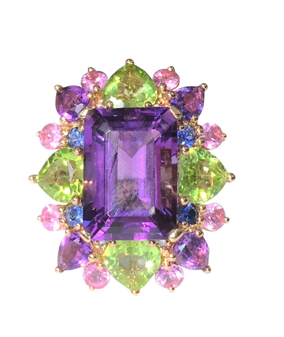 Rose Gold with White Diamond & Pink Sapphire & blue Sapphire & Peridot & Amethyst Ring from Flowers collection