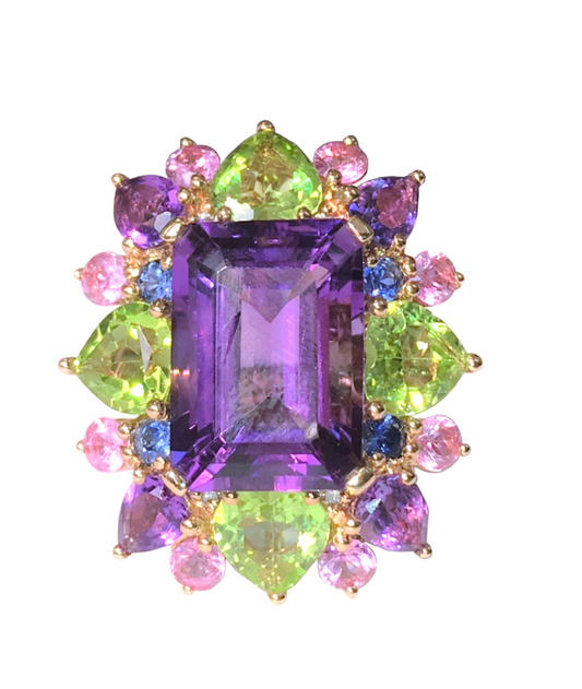Rose Gold with White Diamond & Pink Sapphire & blue Sapphire & Peridot & Amethyst Ring from Flowers collection