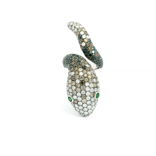 White Gold White/Brown/Black Diamond Green Garnet Ring From Snake Collection