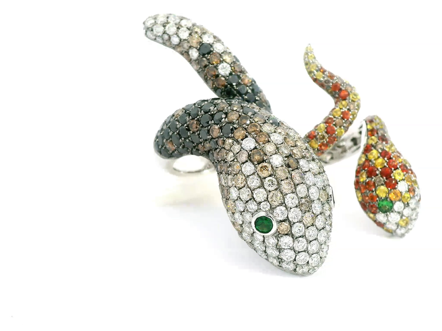 White Gold White/Brown/Black Diamond Green Garnet Ring From Snake Collection