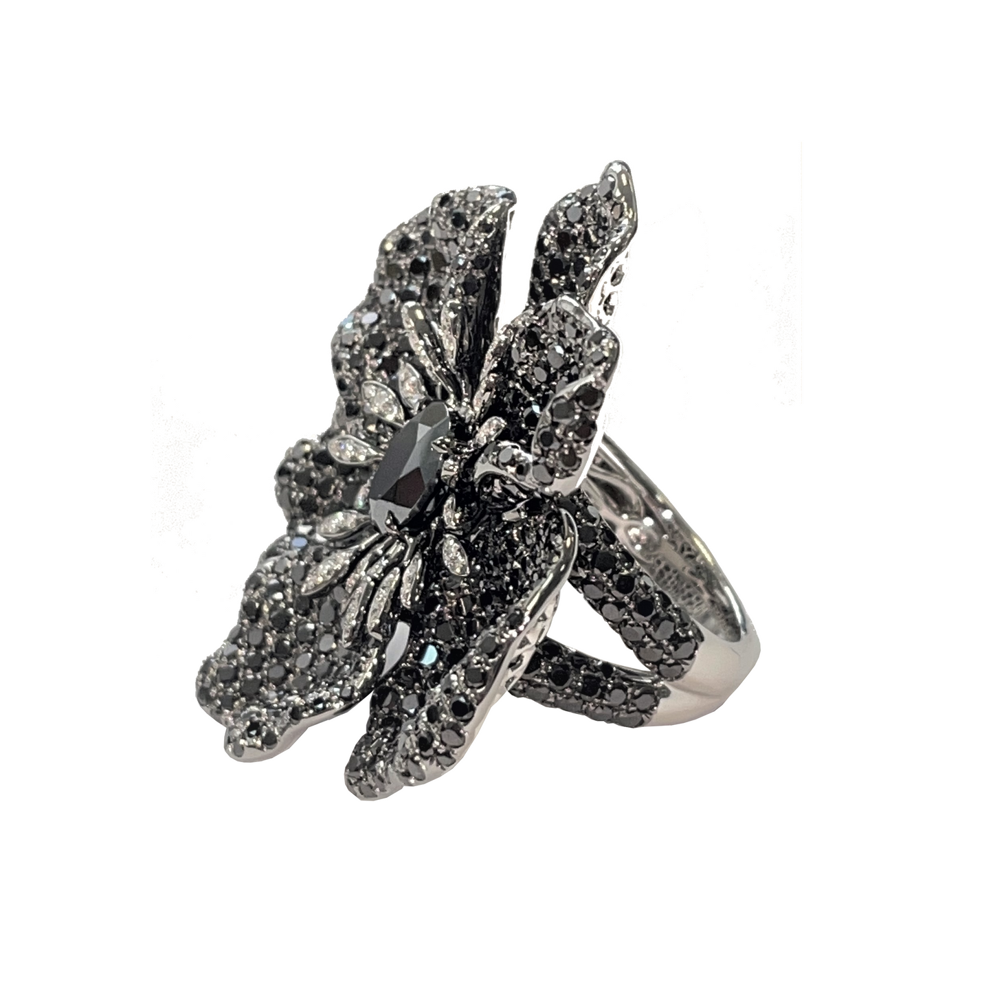 White Gold with Black Rhodium & Black &  Diamond & Hematite Cocktail ring from Flowers Collection