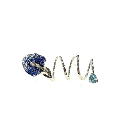 White Gold with Blue Sapphire & White Diamond & Aquamarine Coiled Ring from Flower Collection