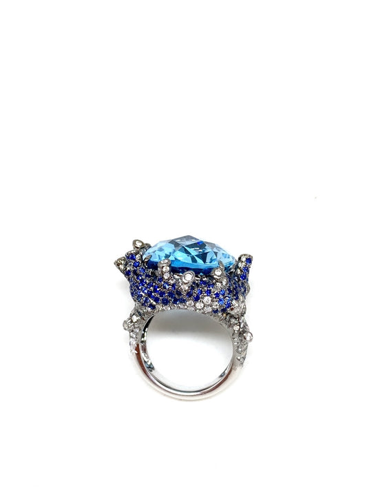 White Gold with Blue Sapphire & Blue Topaz & White Diamond Cocktail Ring