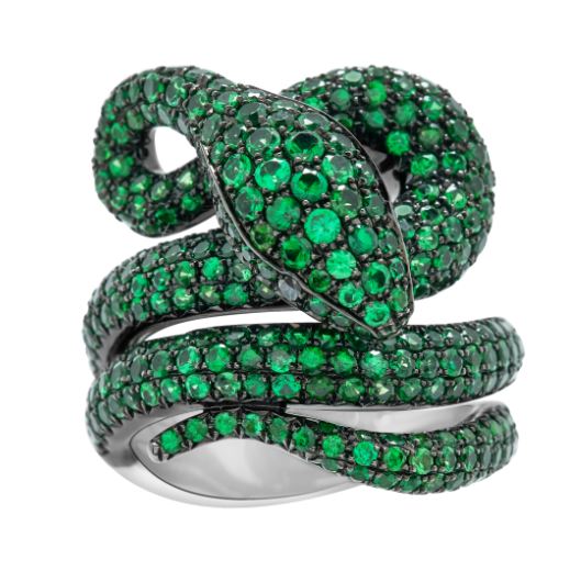 Tsavorites and Black Diamonds Snake Ring