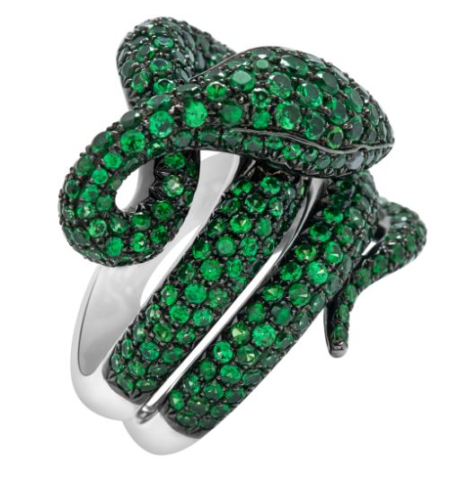 Tsavorites and Black Diamonds Snake Ring