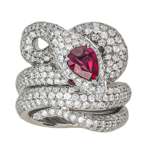 White Gold White Diamond and Ruby Ring from Snake Collection