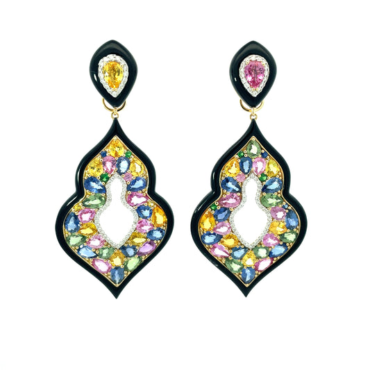 18K Yellow Gold Multi Sapphire and Onyx Drop Earrings