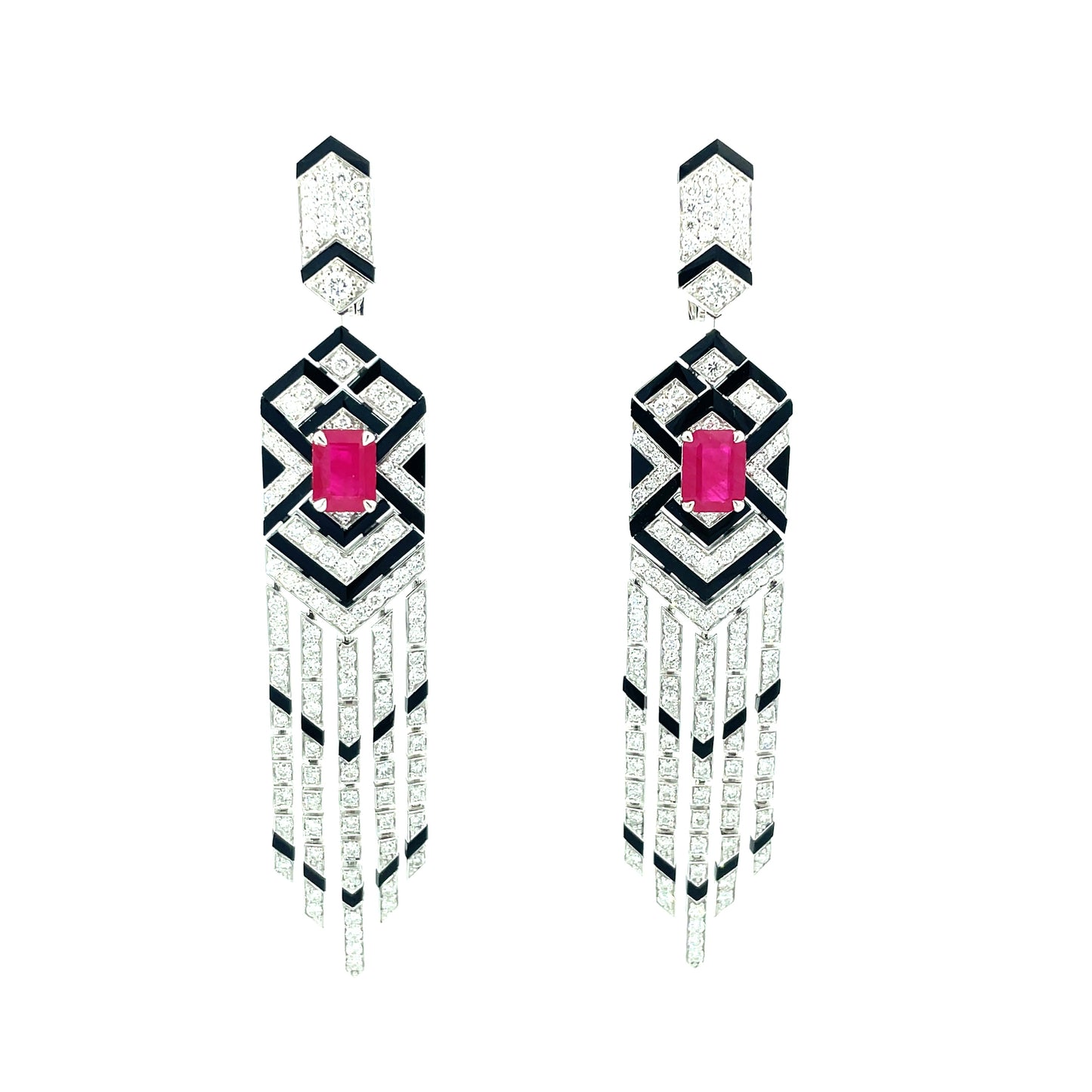 White Gold White Diamond Ruby Onyx Statement Earrings