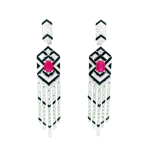 White Gold White Diamond Ruby Onyx Statement Earrings
