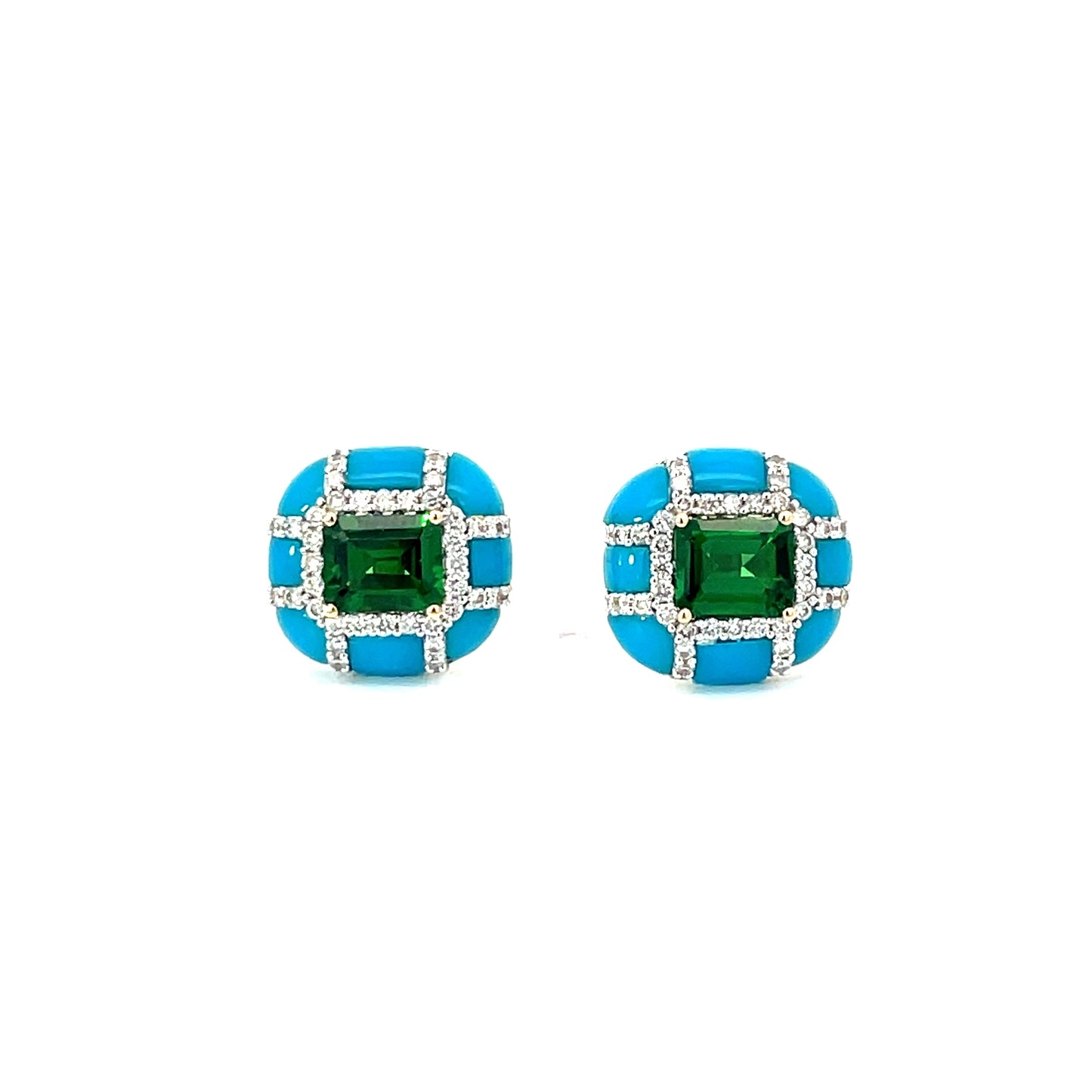 White Gold White Diamond Turquoise & Tsavorite Stud Earrings