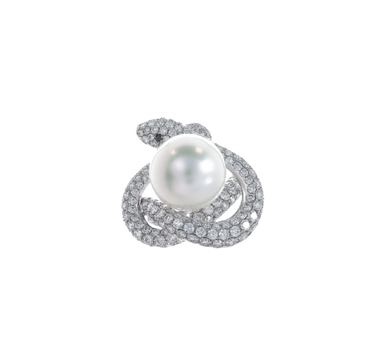 White Gold South Sea Pearl White & Black Diamond Ring From Snake Collection