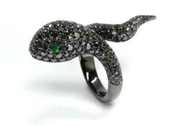 White Gold with Black Diamond & Tsavorite Ring from Snake Collection