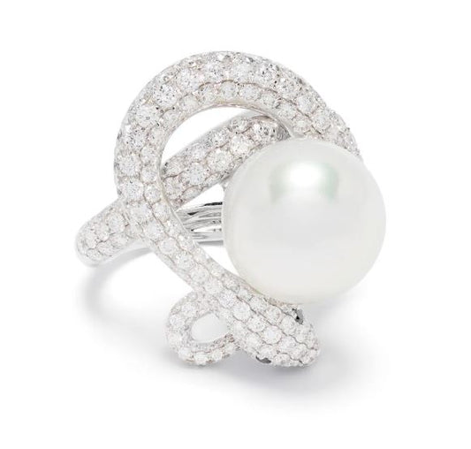White Diamond and South Sea Pearl Statement Ring from Snake Collection