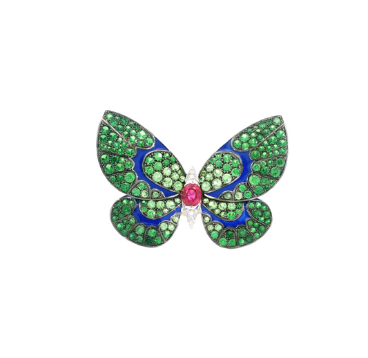 White Gold White Diamond Pink Sapphire & Tsavorite Ring From Butterfly Collection