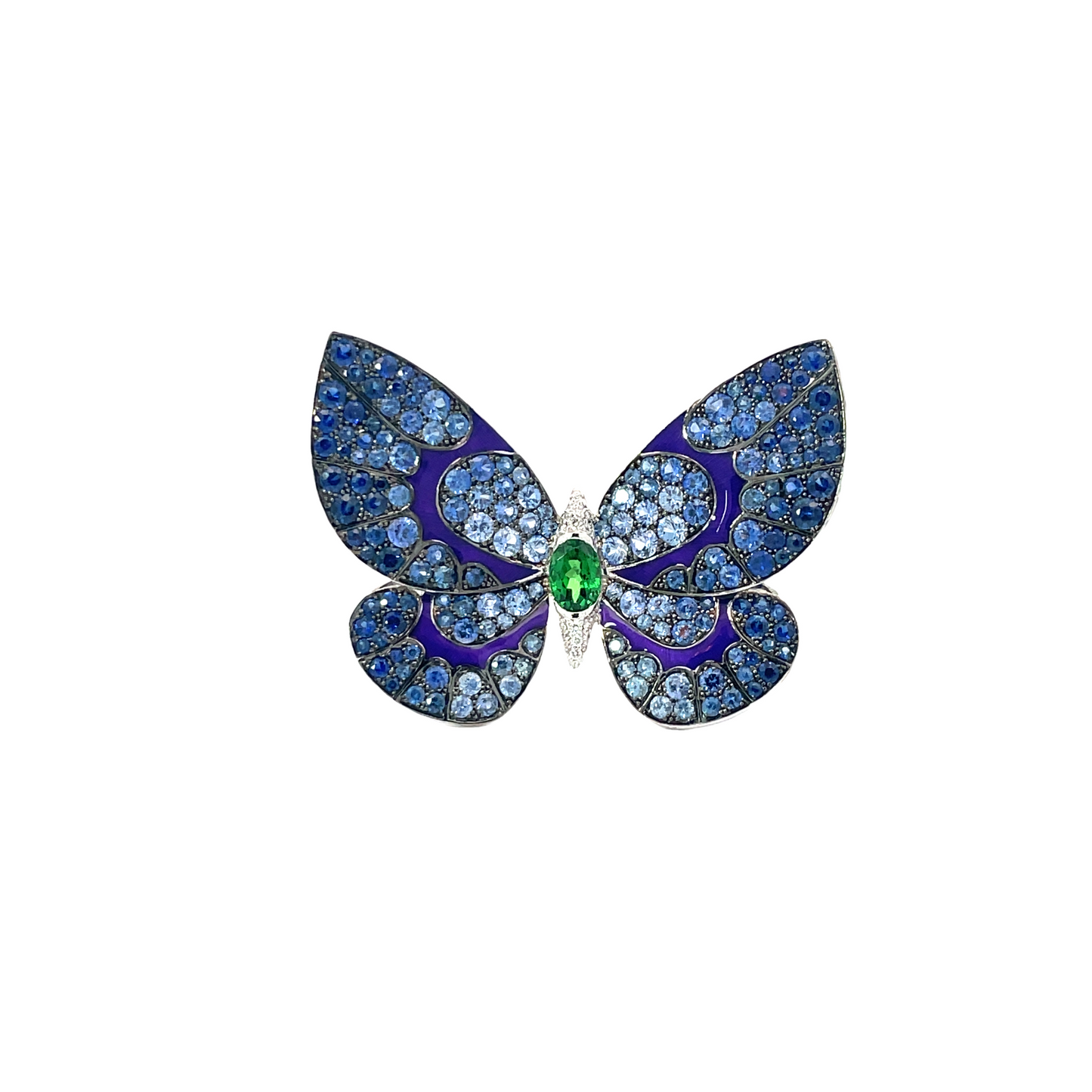 White Gold White Diamond Blue Sapphire Tsavorite  Ring From Butterfly Collection