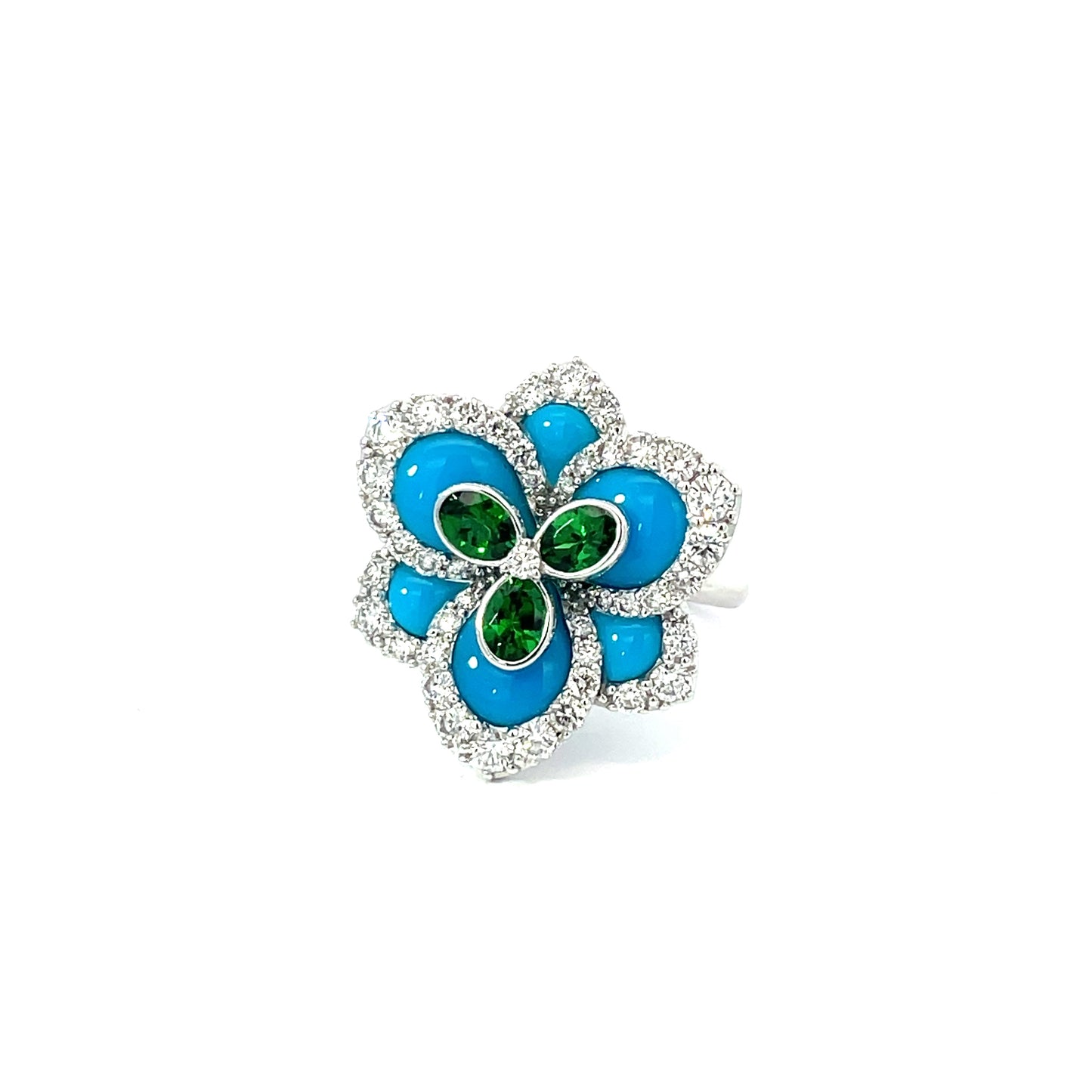 White Gold White Diamond Turquoise & Tsavorite Ring from Flowers Collection