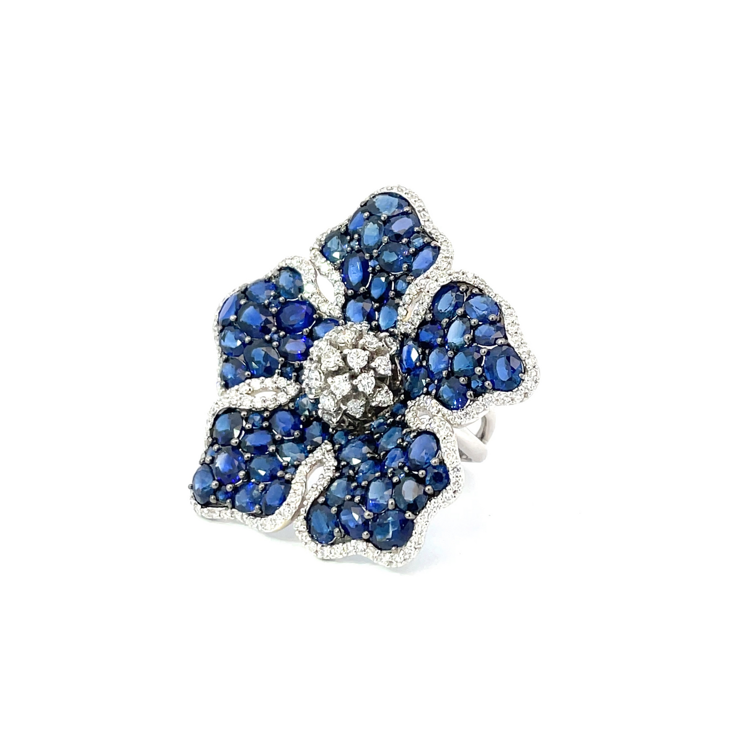 White Gold White Diamond Blue Sapphire Ring from Flower Collection