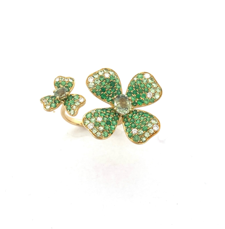Yellow Gold with White Diamond & Green Garnet & Green Sapphire Ring from Flower Collection