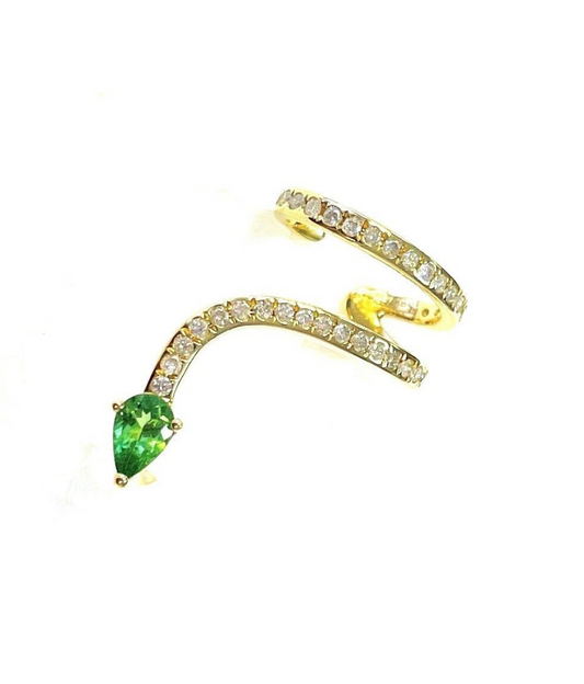 Yellow Gold with White Diamond & Green Garnet Earcuff from Snake Collection
